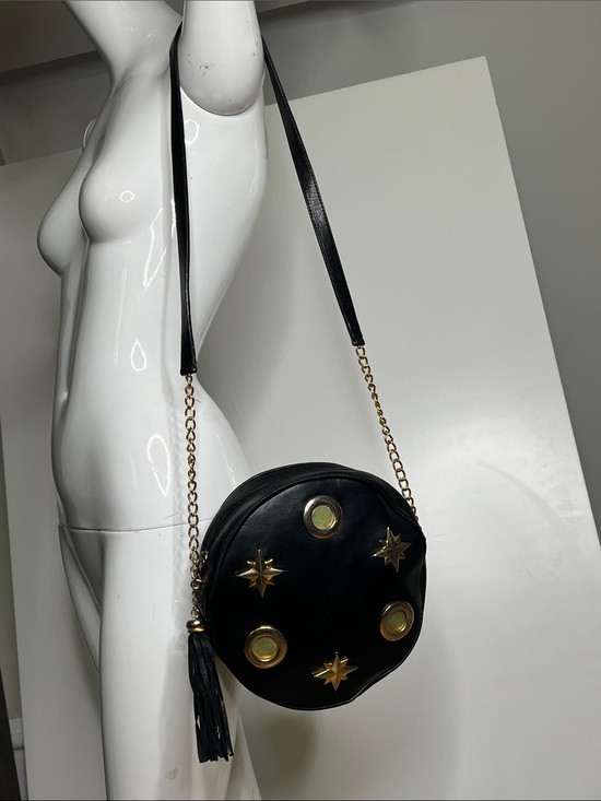 Escada Handbags - Escada Vintage Round Black Leather Bag Goldtone Hardware Studs Grommets Tassle